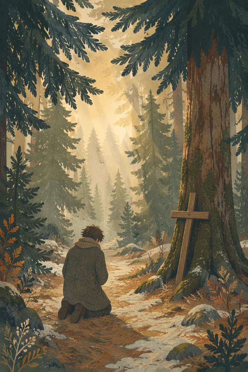 Kneeling Prayer on Evergreen Forest Path