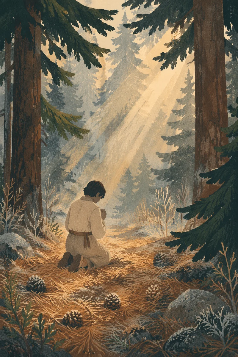Kneeling Prayer in Misty Evergreen Forest