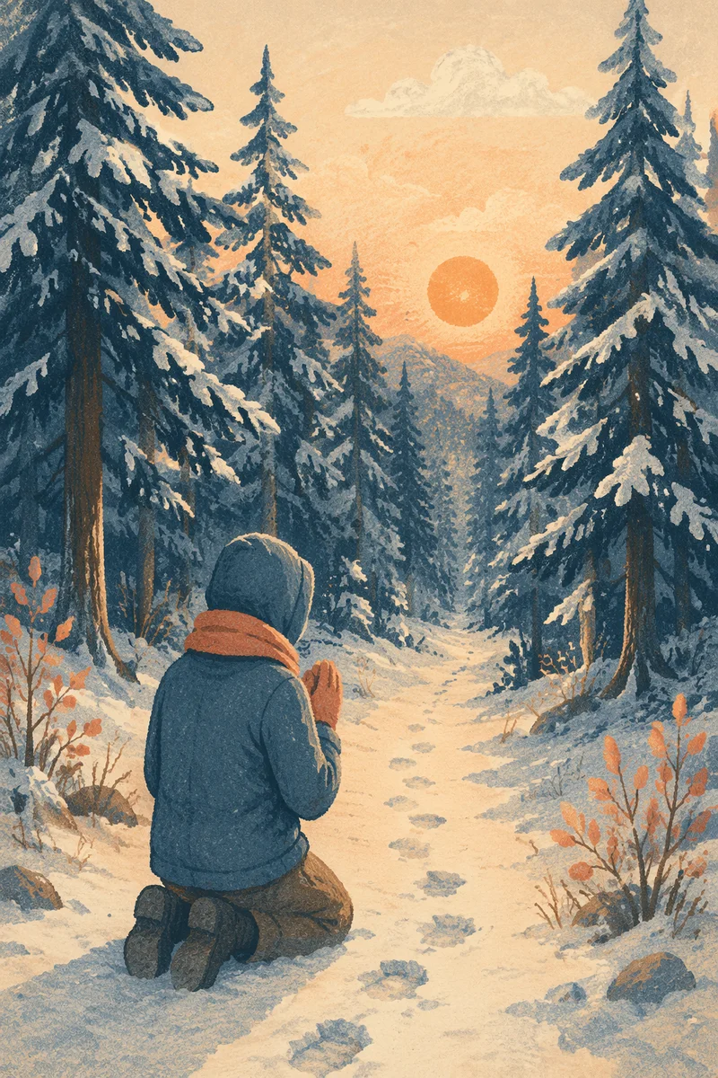 Kneeling Prayer Beneath Snowy Evergreens