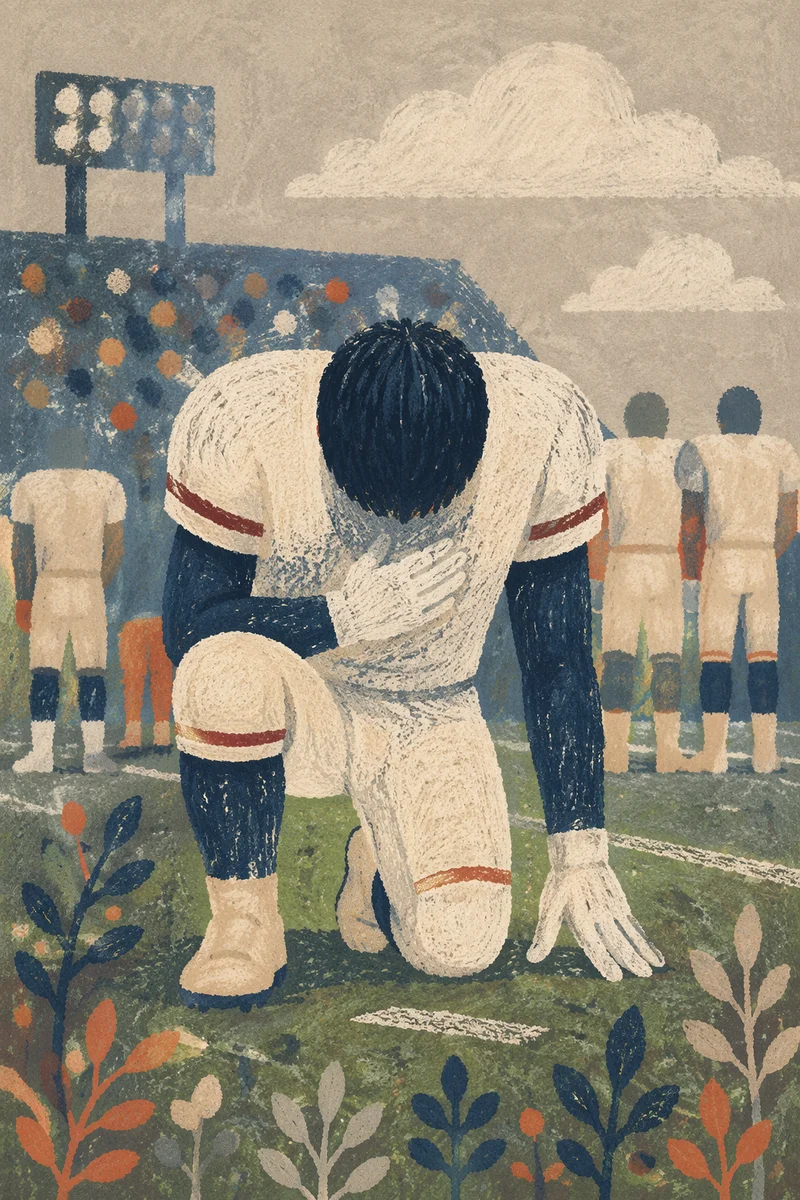 Kneeling Athlete in Prayer on Evergreen Turf