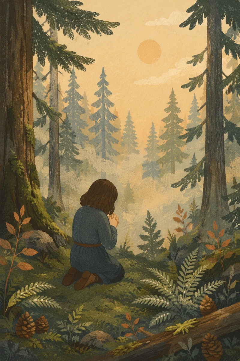 Kneeling Prayer in Misty Evergreen Forest