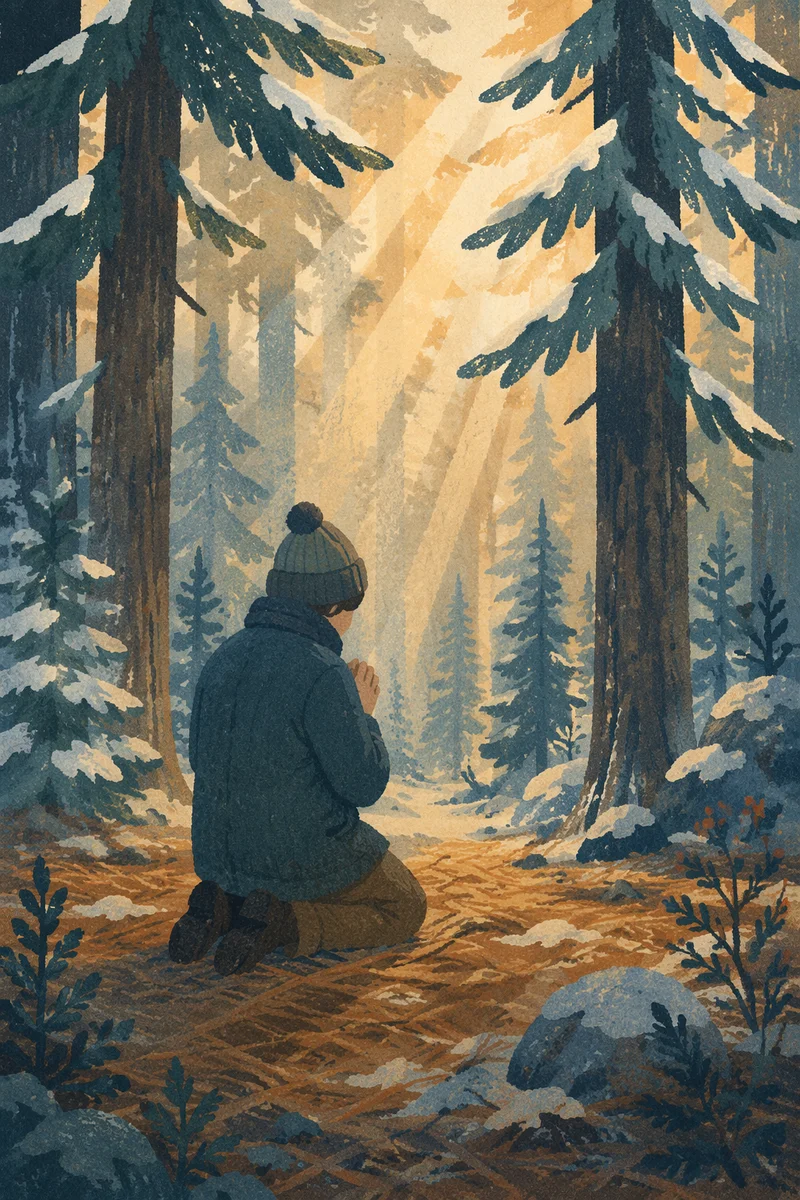 Kneeling Prayer in Evergreen Winter Forest