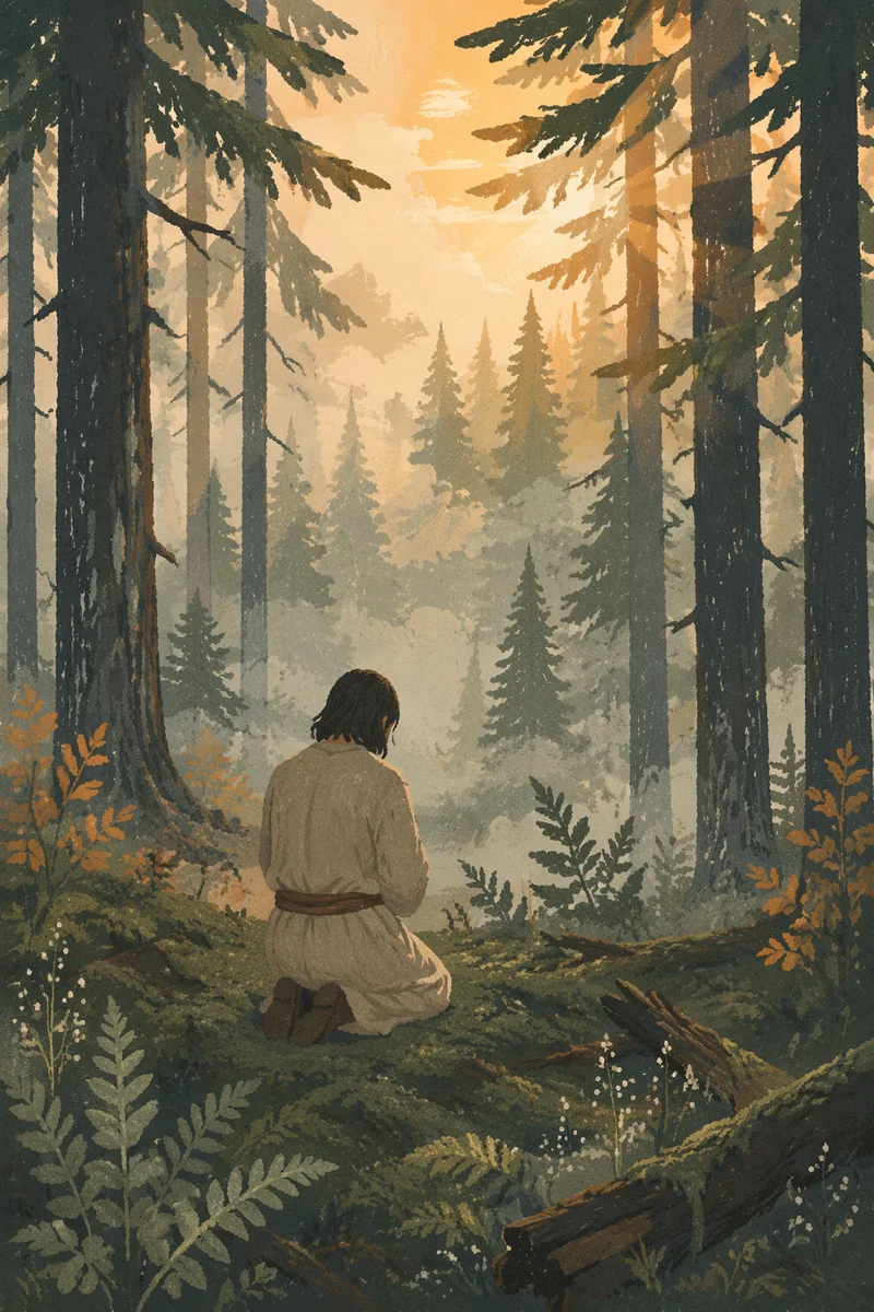 Kneeling Prayer in Misty Evergreen Forest