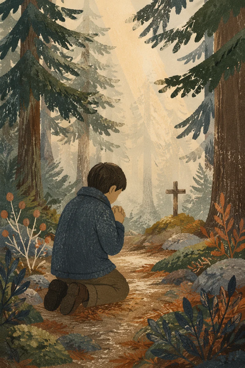 Kneeling Prayer Beneath Evergreen Forest Light