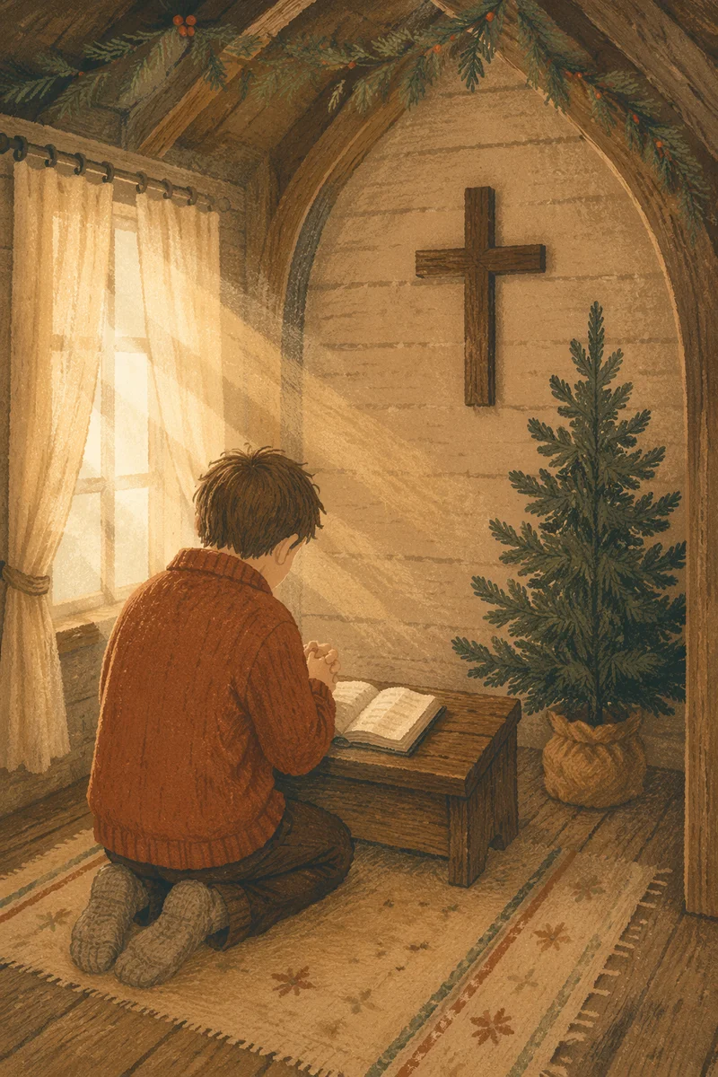 Kneeling Prayer Beside Evergreen Chapel Tree
