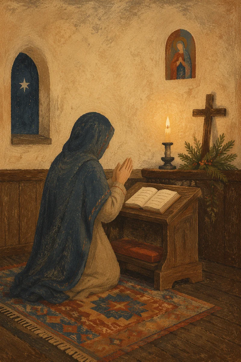 Hooded Figure Praying in Candlelit Chapel