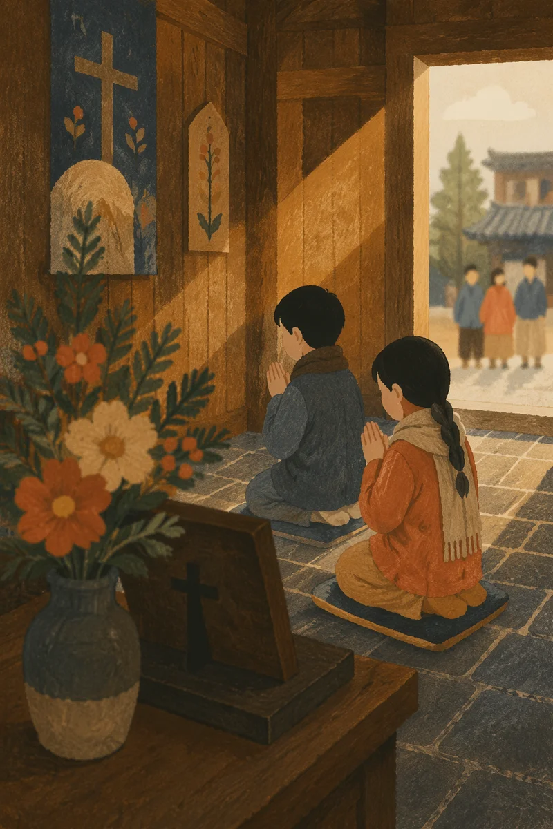 Kneeling Prayer in a Quiet Wooden Chapel