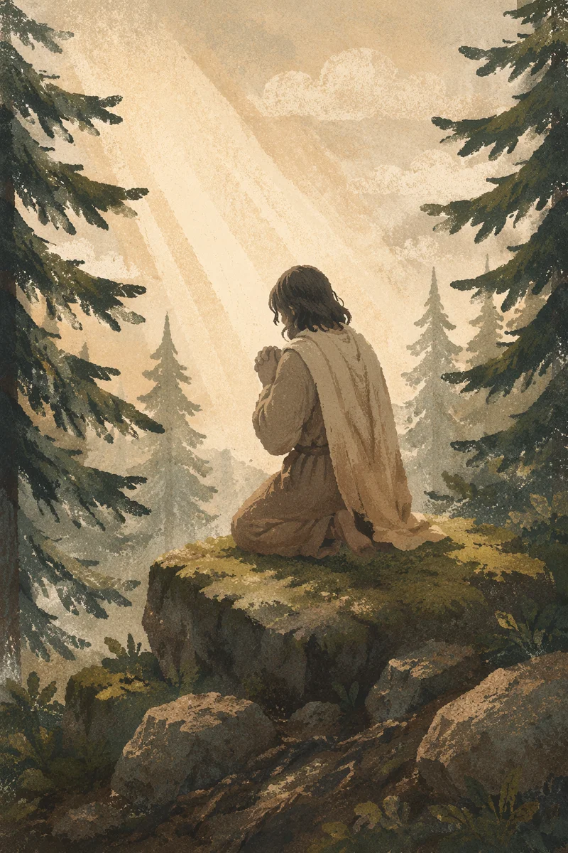 Kneeling Prayer in Misty Evergreen Forest