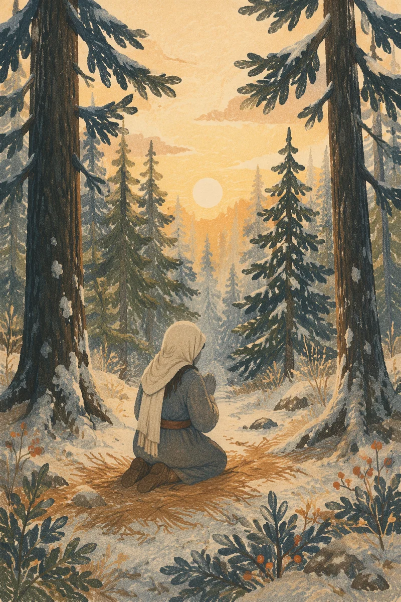 Kneeling Prayer in Evergreen Winter Forest