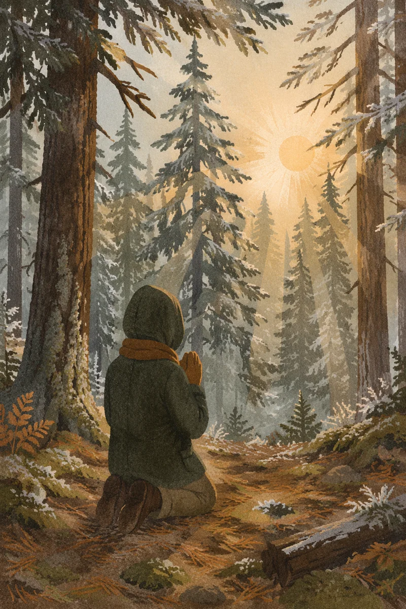 Kneeling Prayer in Evergreen Forest