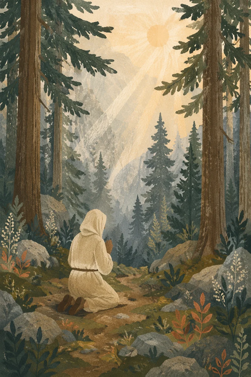 Kneeling Prayer in Misty Evergreen Forest