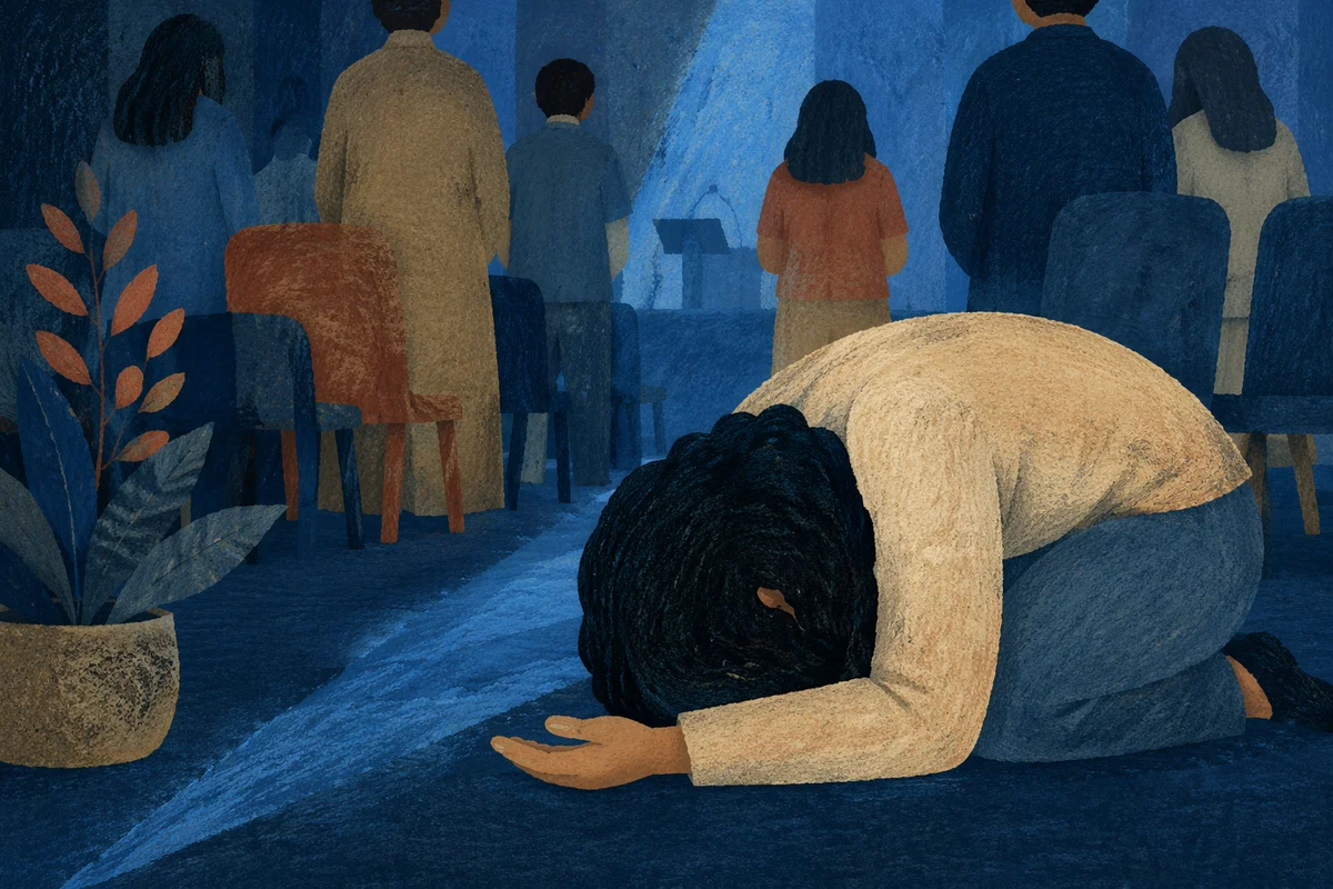 Kneeling Prayer in Blue Sanctuary Light