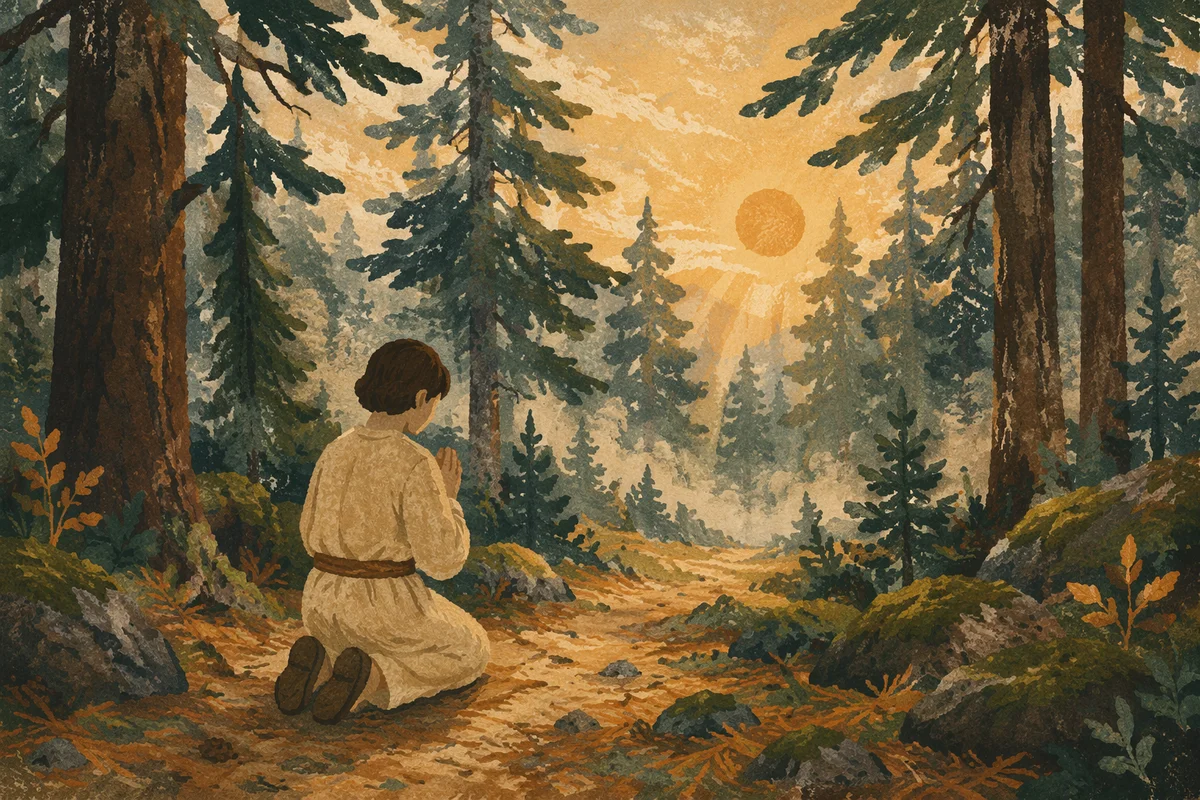 Kneeling Prayer on Misty Evergreen Path
