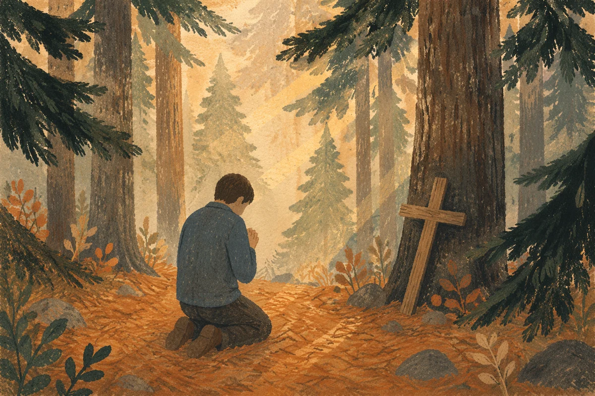 Kneeling Prayer Beneath Evergreen Forest Light