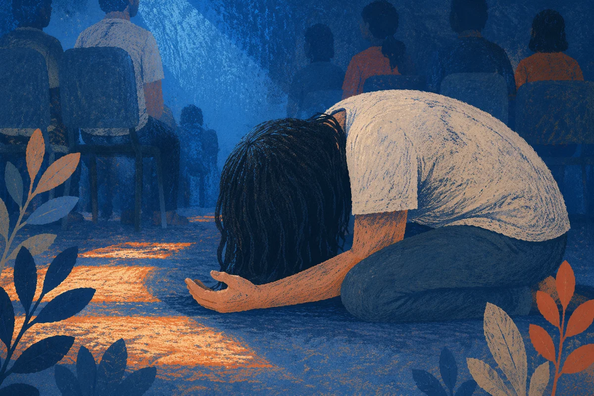 Person Kneeling in Blue Lit Room