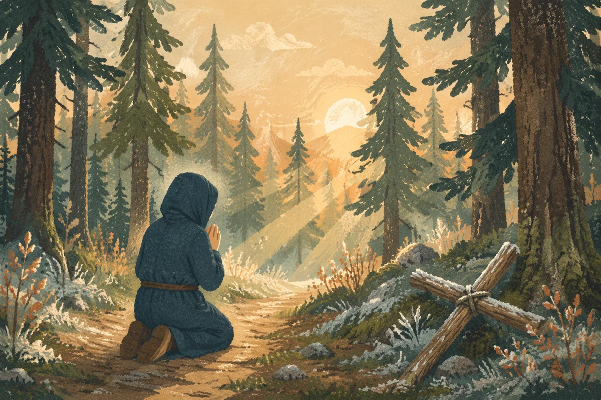 Kneeling Prayer Beneath Evergreen Sunrise