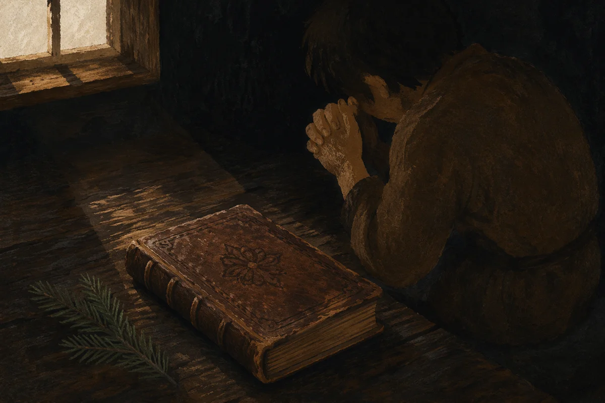 Kneeling Prayer Beside Evergreen and Worn Book
