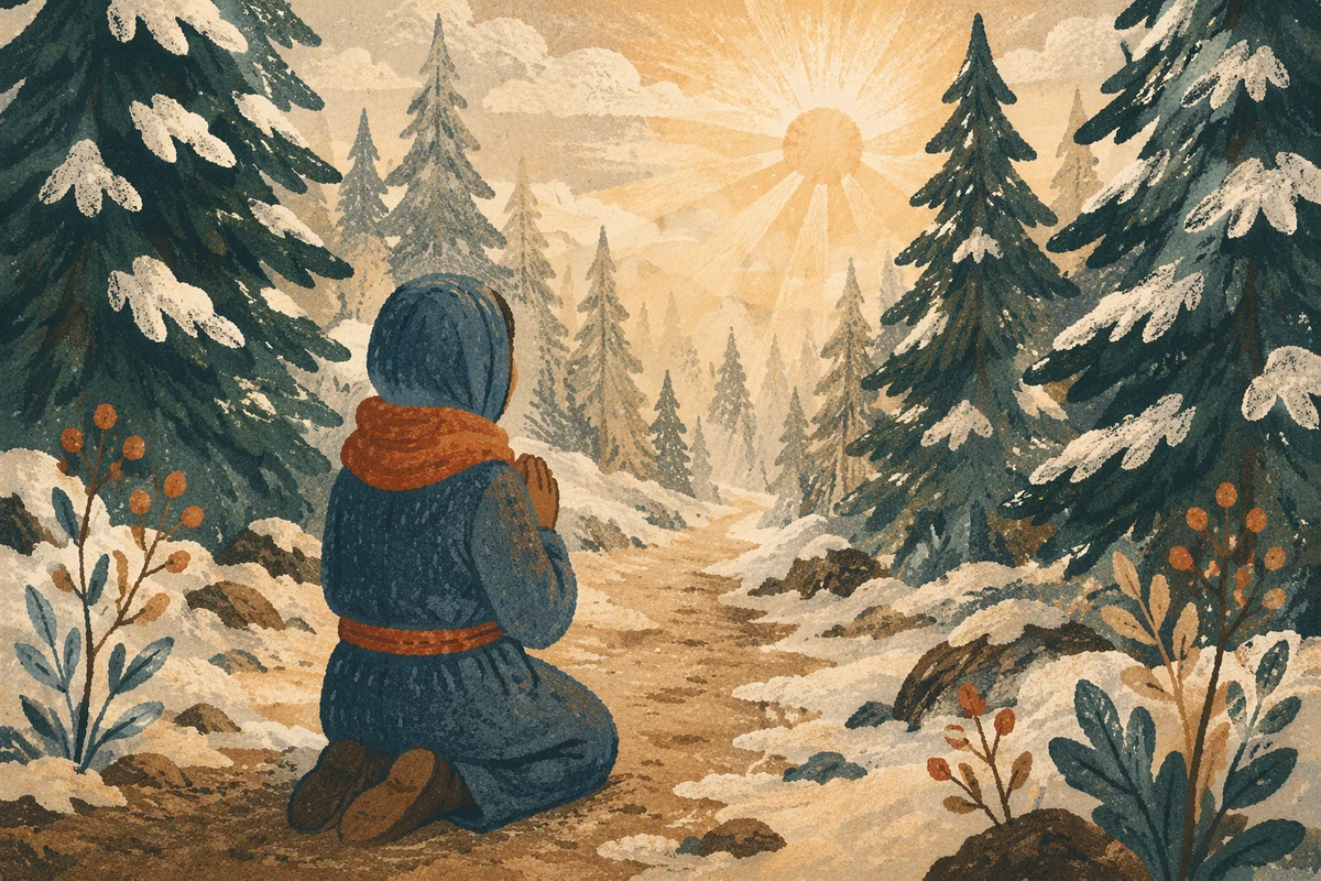 Kneeling Prayer on Snowy Evergreen Path