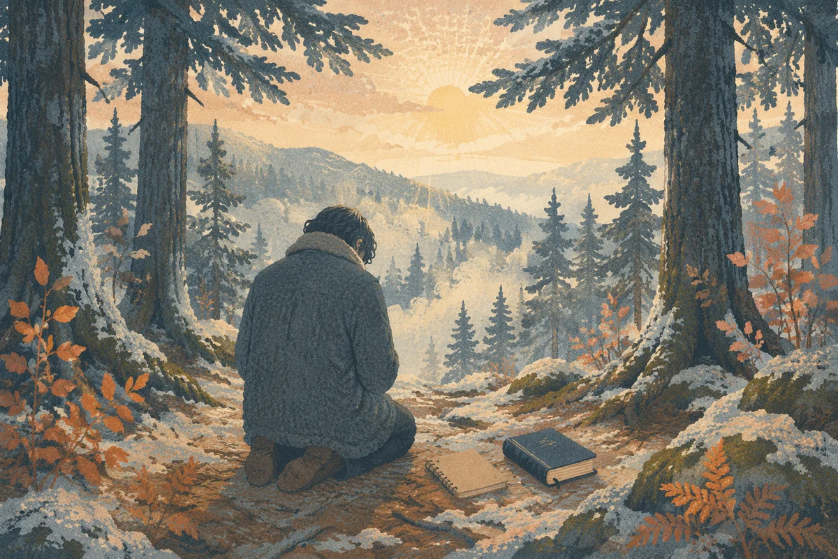 Kneeling Prayer Beneath Evergreen Dawn