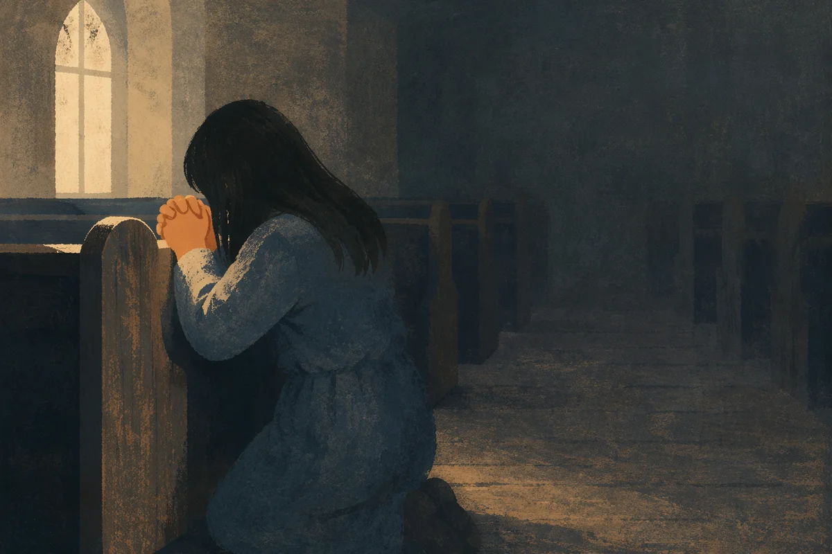 Kneeling Prayer in a Quiet Evergreen Chapel