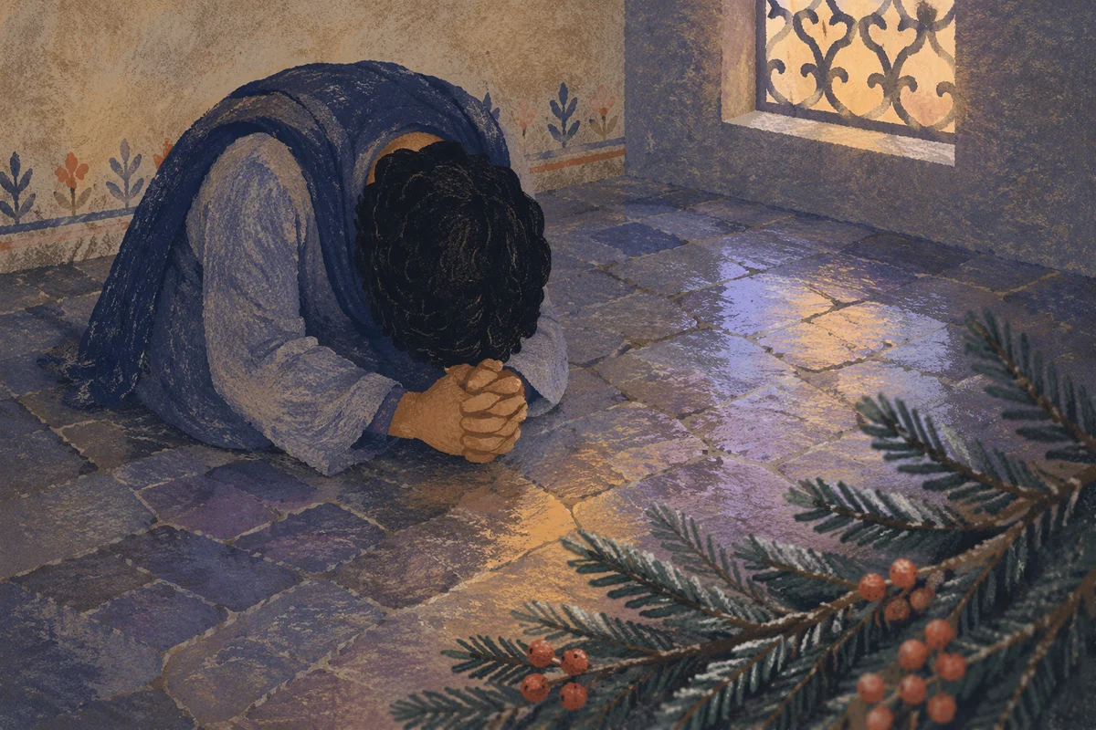 Humble Prayer on Evergreen Stone Floor