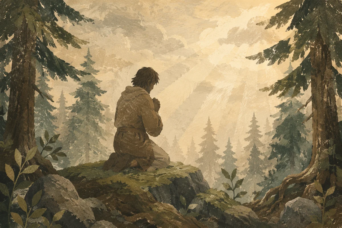Kneeling Prayer in Misty Evergreen Forest