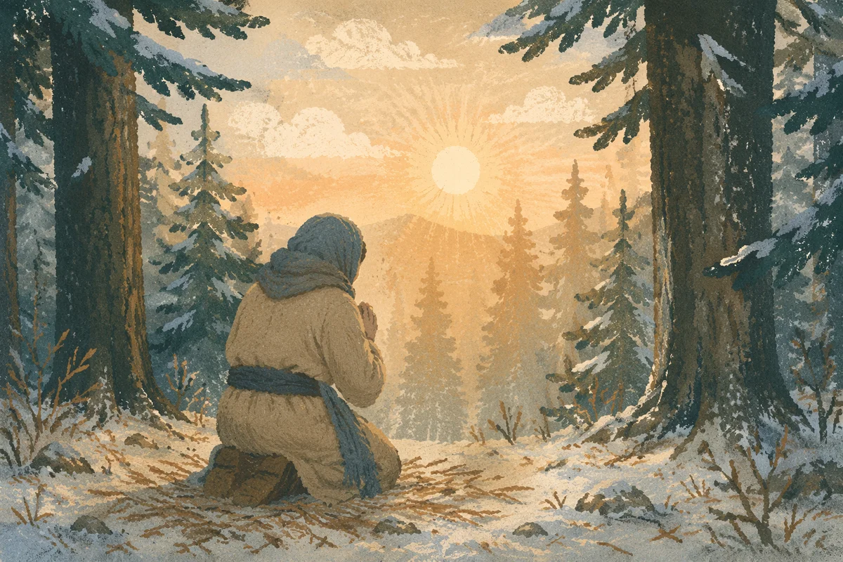 Kneeling Prayer in Evergreen Winter Forest