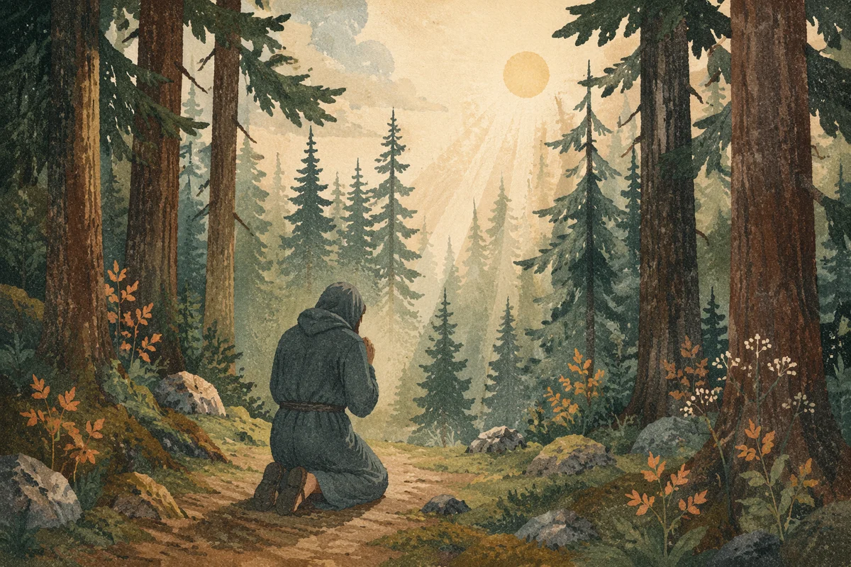 Kneeling Prayer in Misty Evergreen Forest