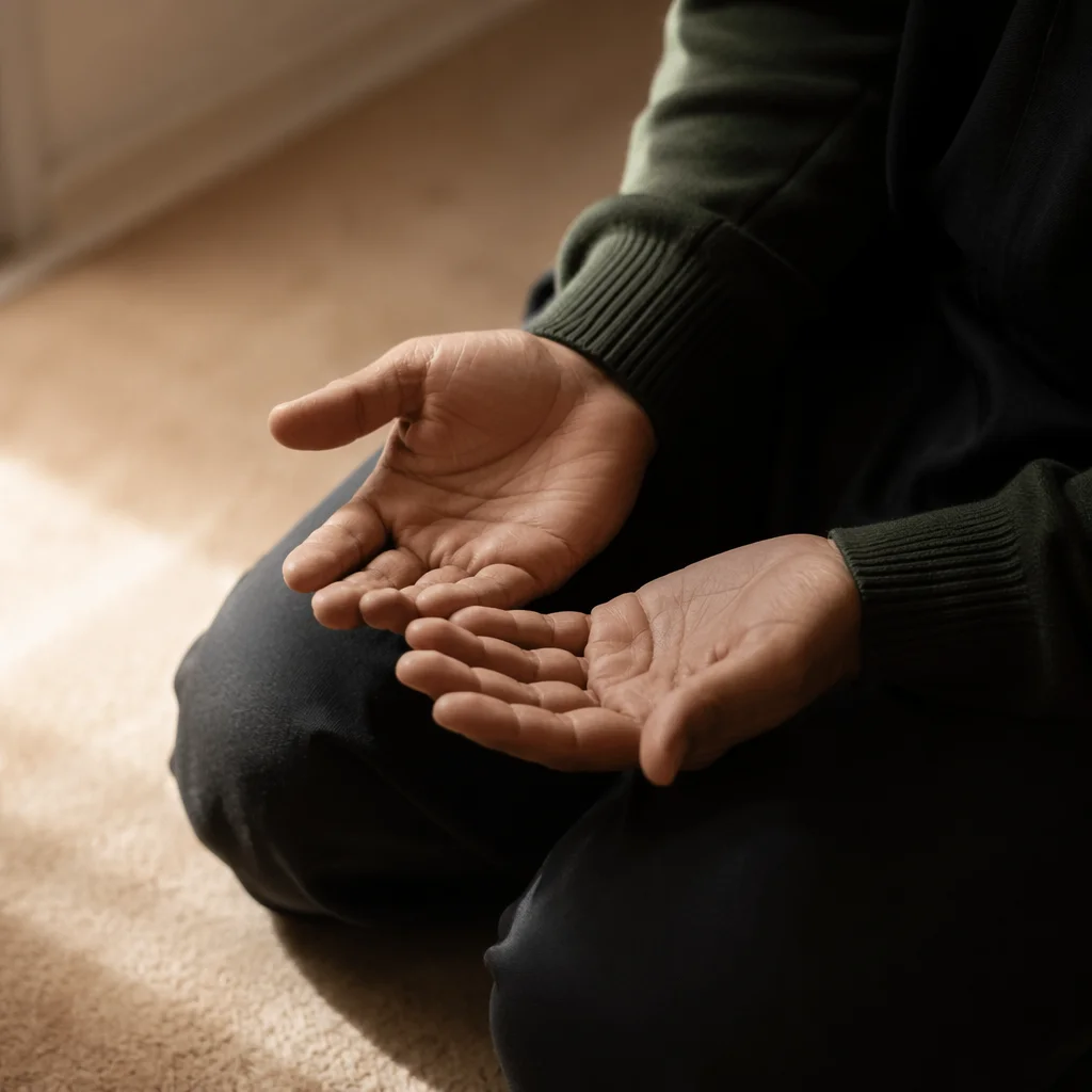 Humble Kneeling Prayer Hands in Evergreen Tones