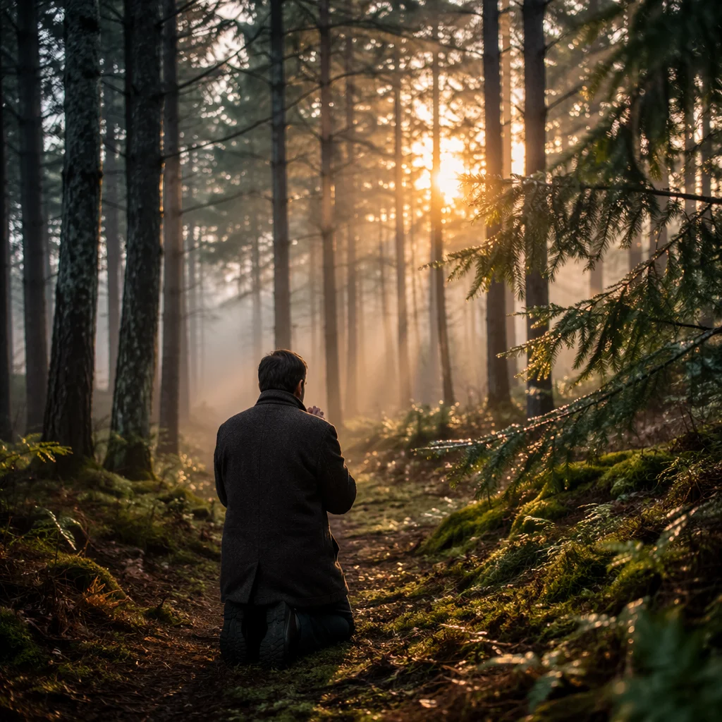 Kneeling Prayer Beneath Evergreen Sunrise