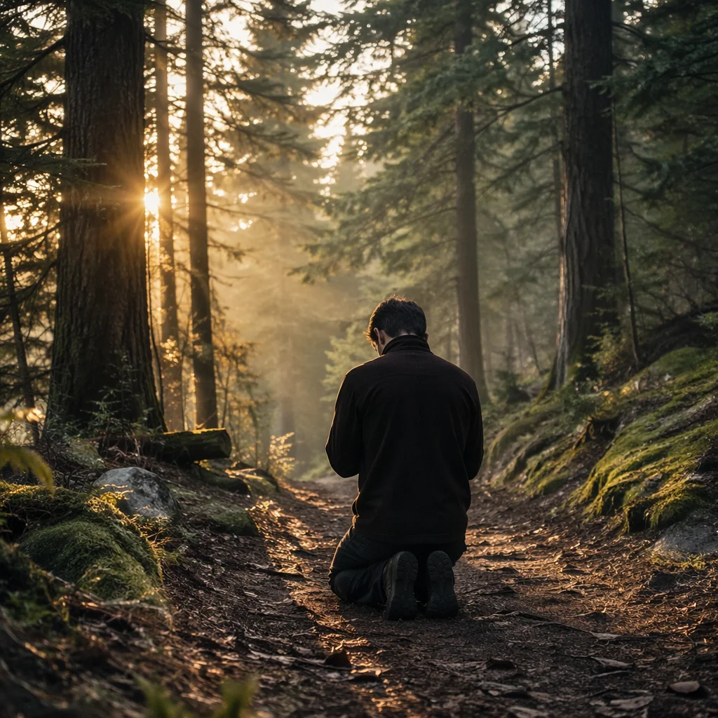 Kneeling Prayer on Misty Evergreen Path