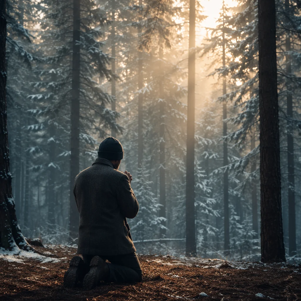 Kneeling Prayer in Misty Evergreen Forest