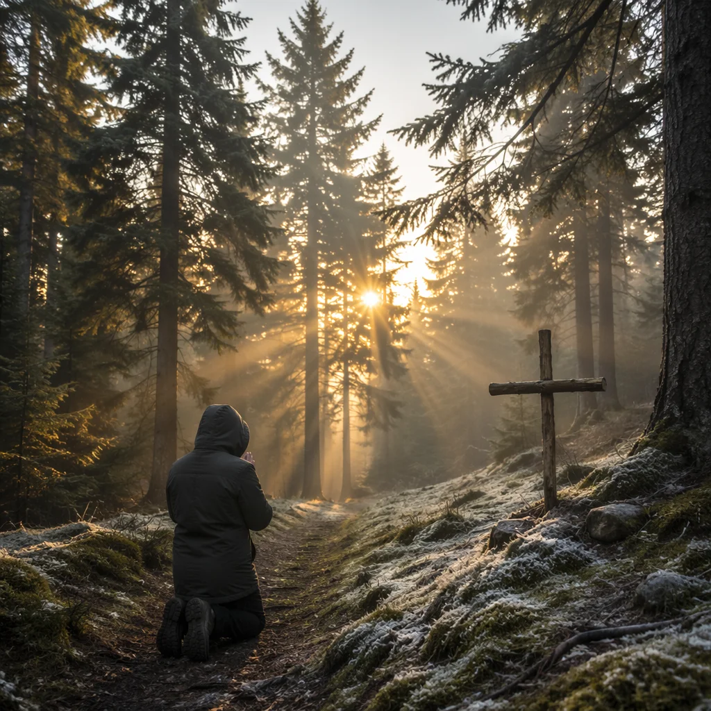 Kneeling Prayer Beneath Evergreen Dawn