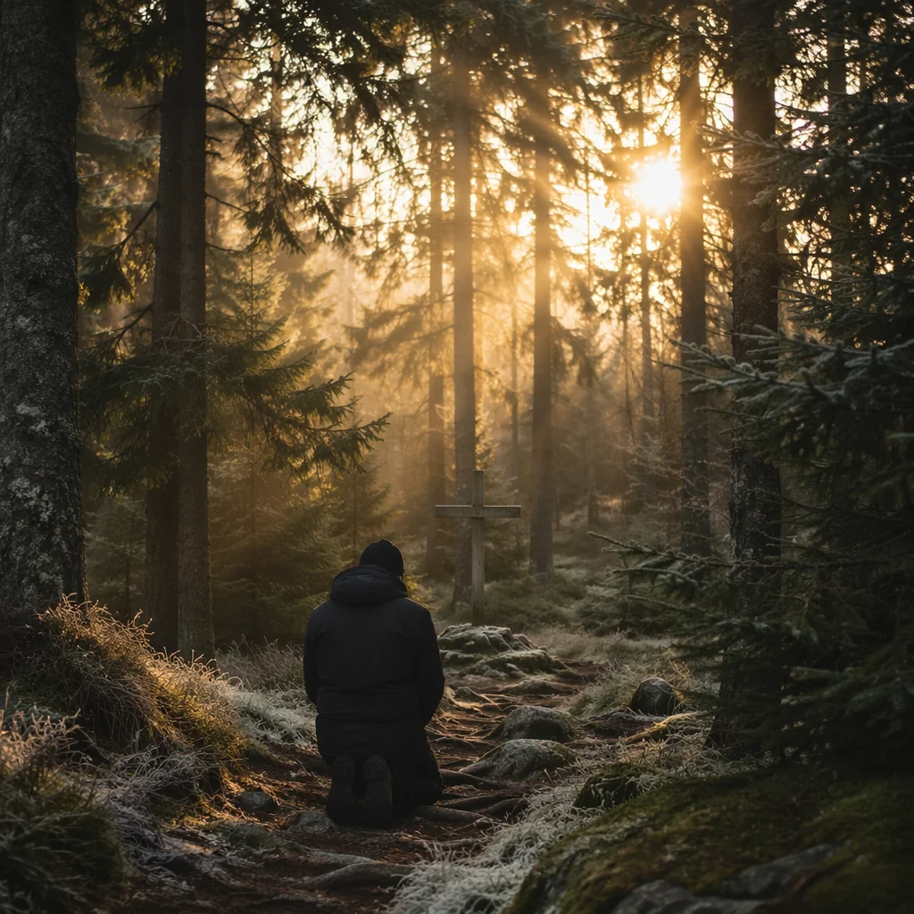 Kneeling Prayer on Evergreen Forest Path