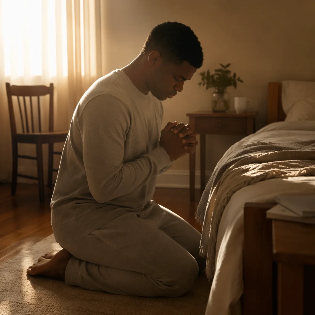 Young Man Kneeling in Dawn Prayer