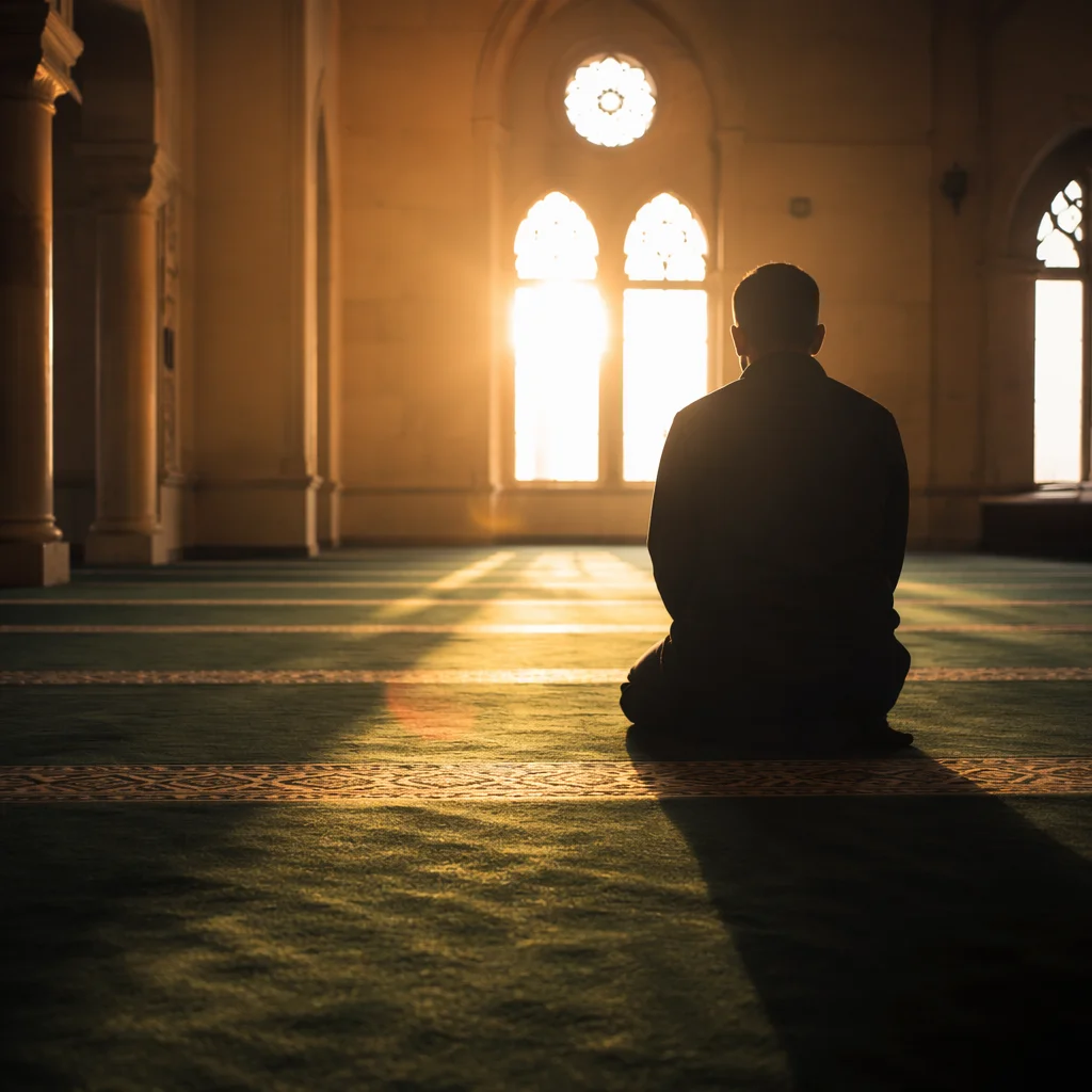 Silhouette Kneeling in Evergreen Chapel Prayer