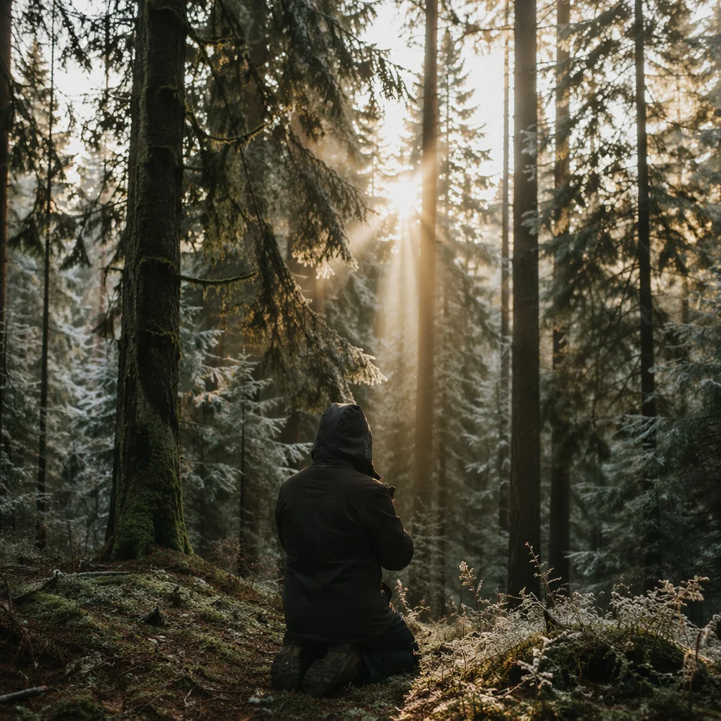 Kneeling Prayer in Evergreen Forest