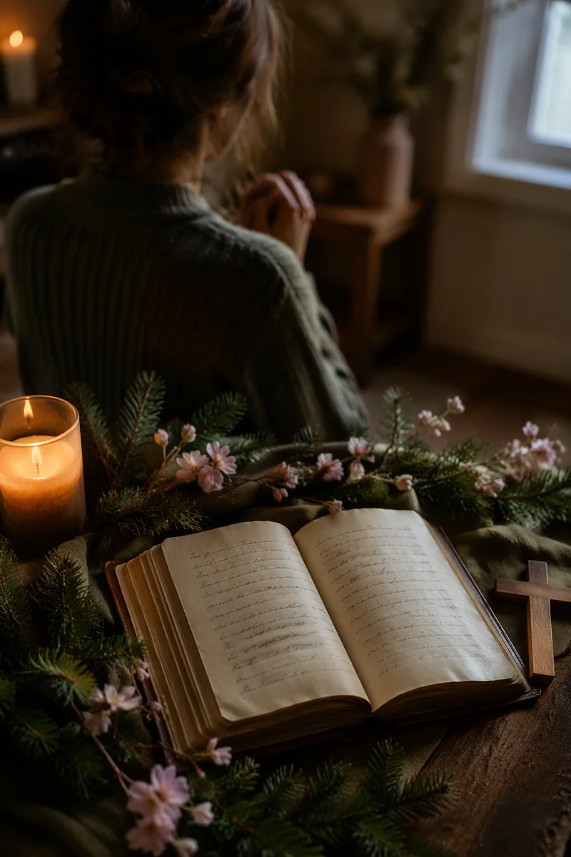 Kneeling Figure Beside Prayer Journal