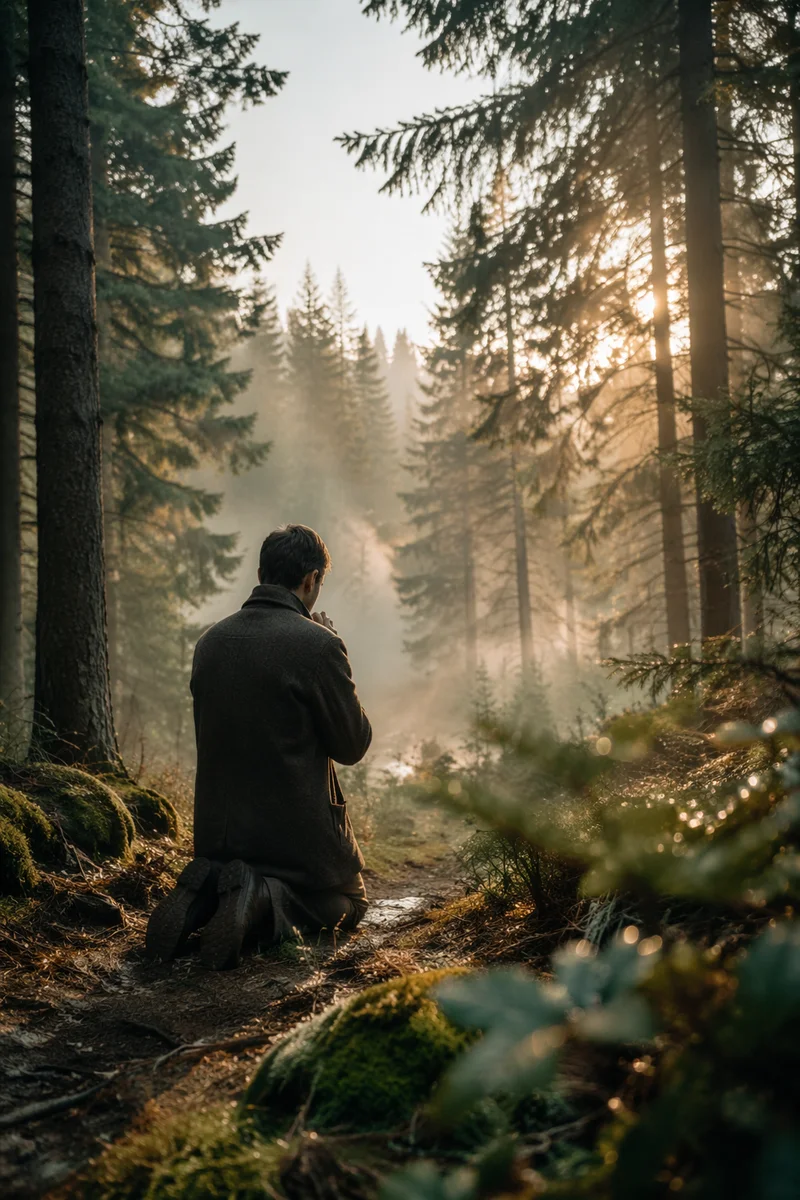 Kneeling Prayer Beneath Evergreen Sunrise