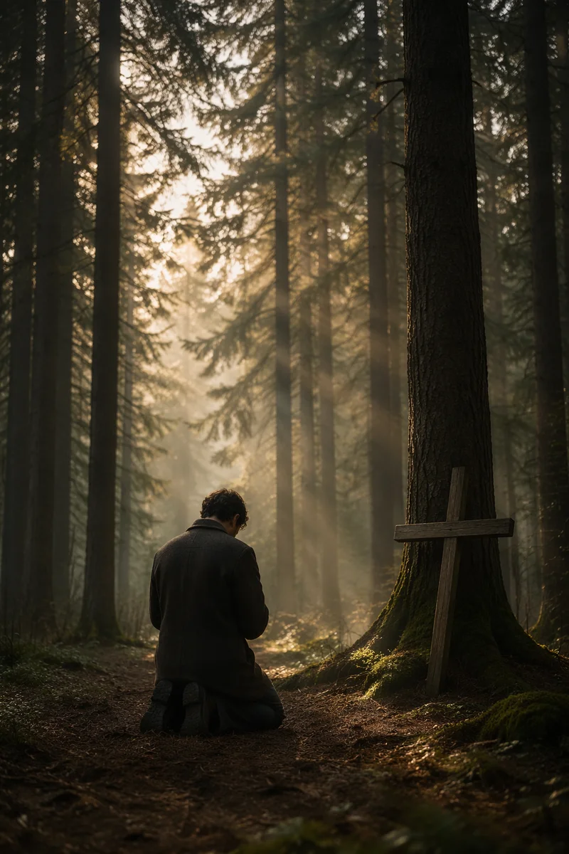 Kneeling Prayer Beneath Evergreen Trees