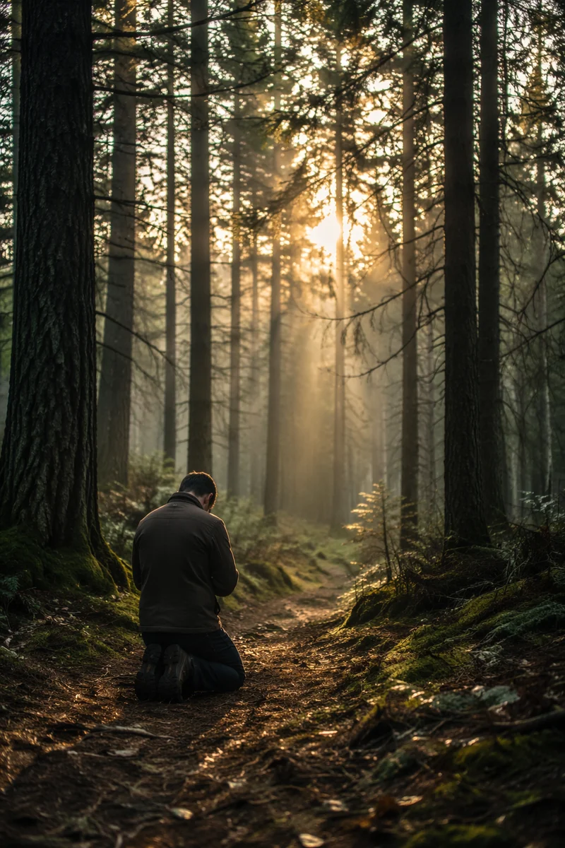 Kneeling Prayer on Misty Evergreen Path