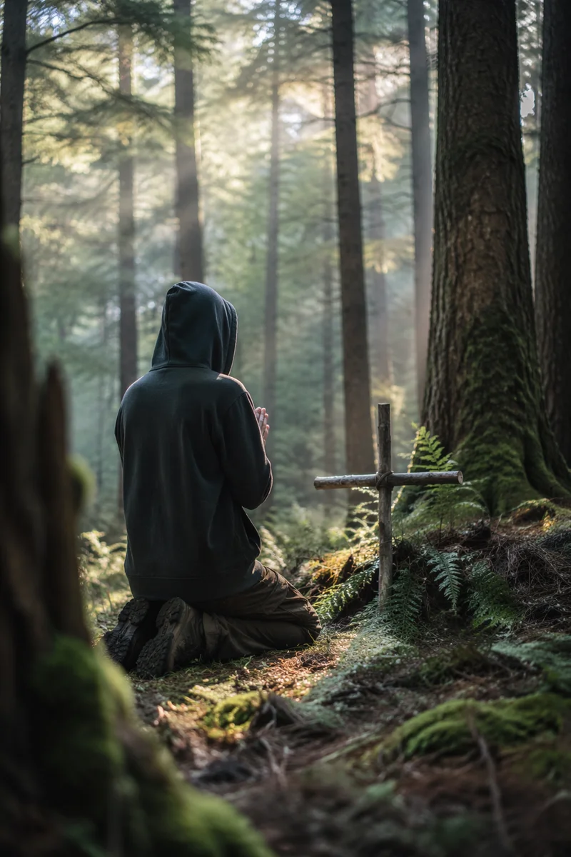 Kneeling Prayer in Quiet Evergreen Forest