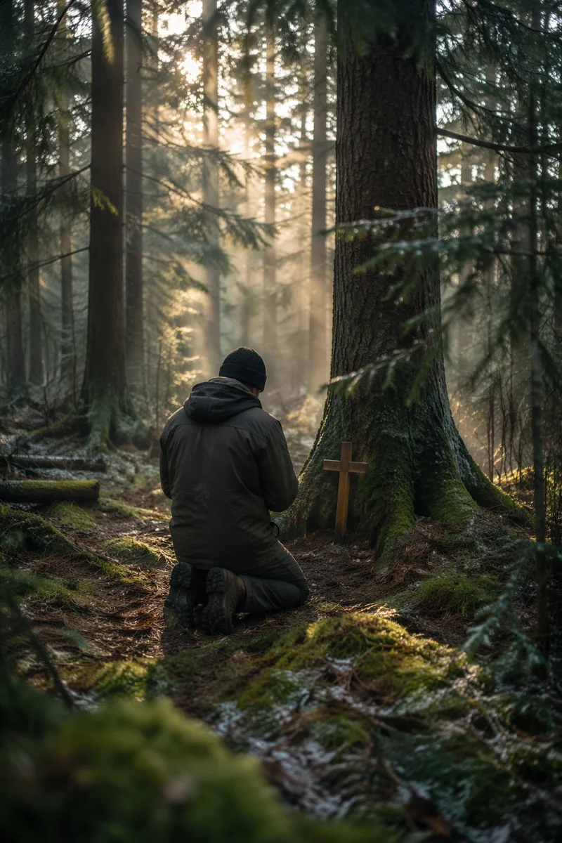 Kneeling Prayer in Evergreen Forest