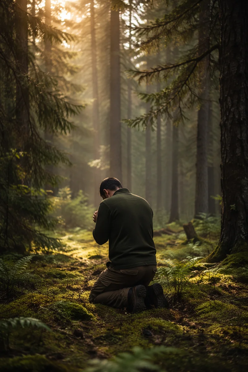 Kneeling Prayer Beneath Evergreen Forest Light