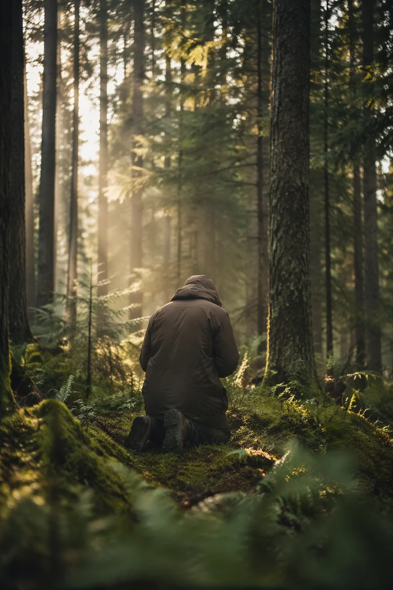 Kneeling Prayer in an Evergreen Forest