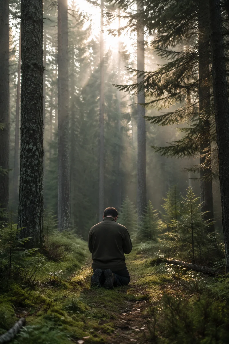 Person Kneeling in Prayer Forest Mist
