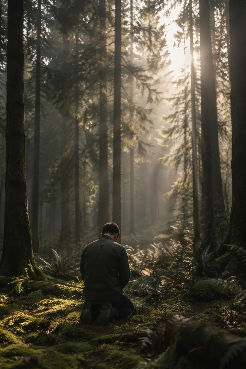 Silhouetted Prayer in Evergreen Forest Light