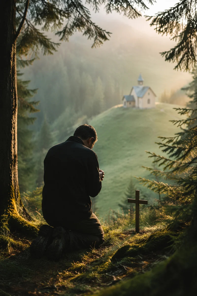 Kneeling Prayer in Misty Evergreen Forest
