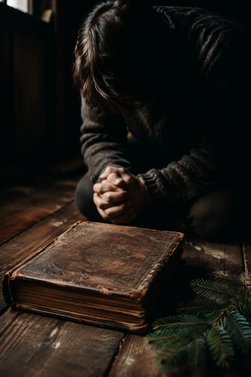 Person Kneeling in Prayer with Evergreen