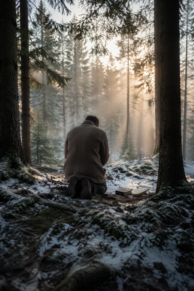 Kneeling Prayer Beneath Evergreen Trees